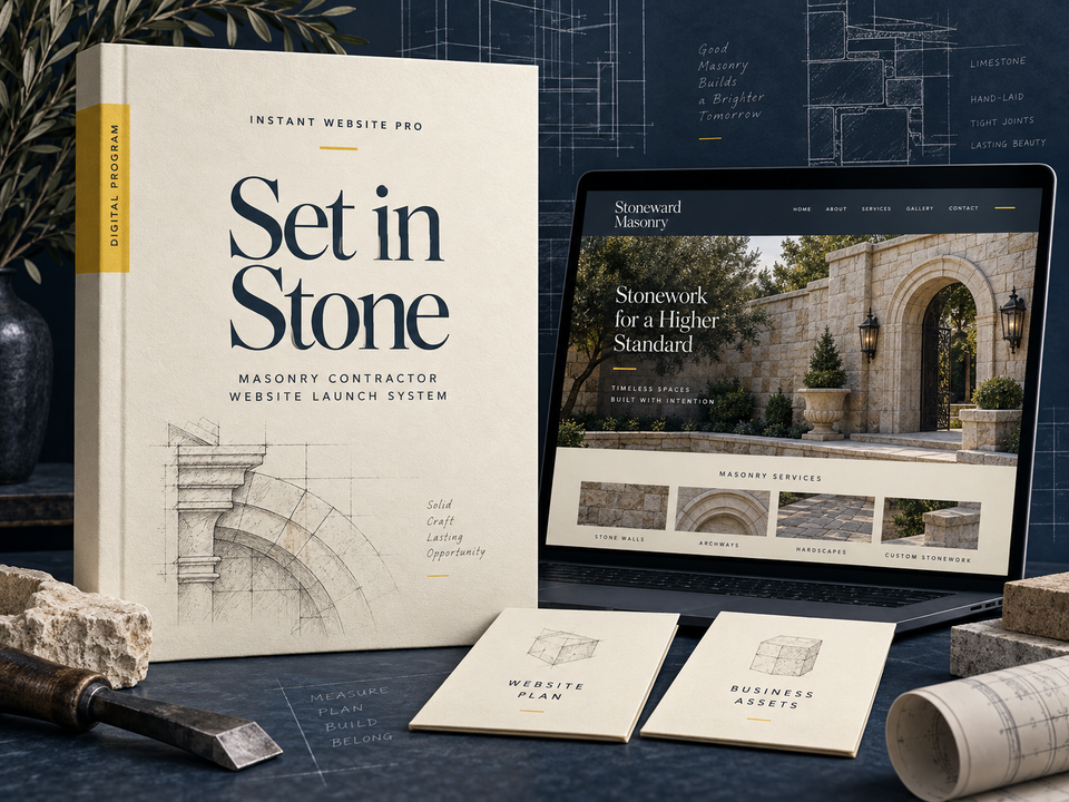 Set in Stone by Instant Website Pro. Masonry Contractor digital website program cover.