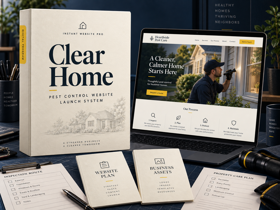 Clear Home by Instant Website Pro. Pest Control digital website program cover.