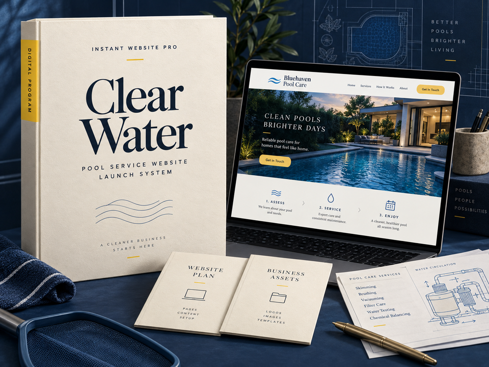 Clear Water by Instant Website Pro. Pool Service digital website program cover.