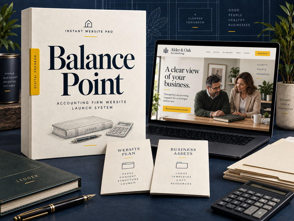 Balance Point accounting firm website launch system: cream folio with a ledger, fountain pen and calculator pencil sketch, a laptop showing fictional Alder & Oak Accounting, and Website Plan and Business Assets booklets.