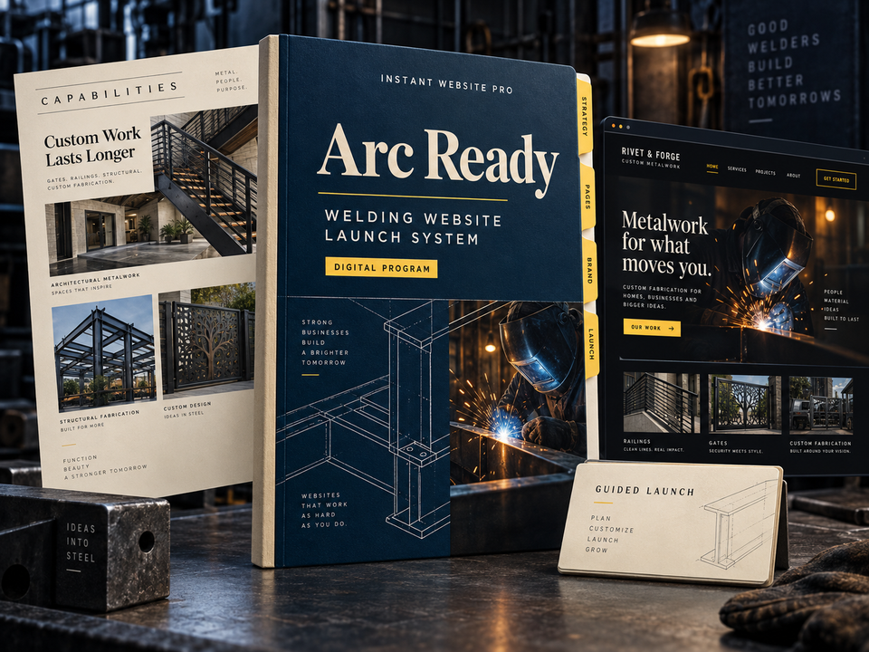 Arc Ready welding website launch system by Instant Website Pro. Digital program cover.
