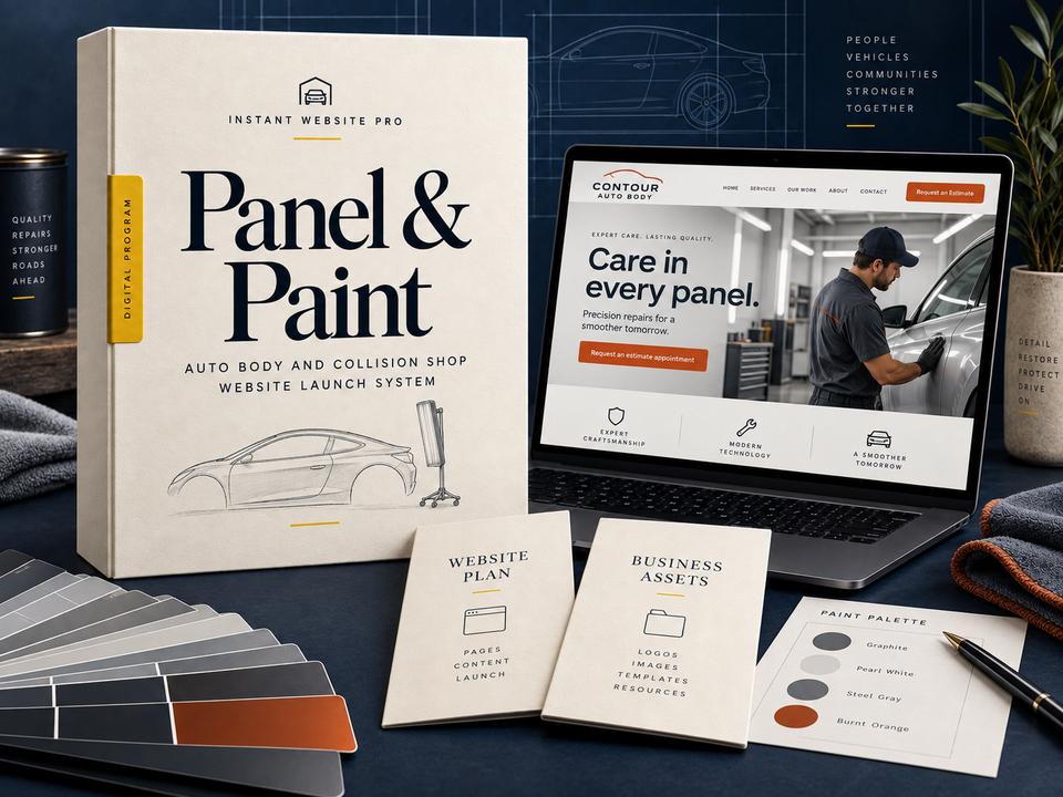 Panel & Paint auto body and collision shop website launch system: cream folio with a refined side-profile car body panel and inspection light pencil sketch, a laptop showing fictional Contour Auto Body, and Website Plan and Business Assets booklets.
