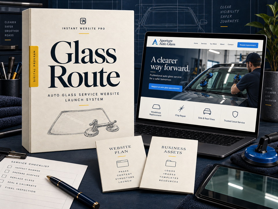 Glass Route auto glass service website launch system: cream book with a pencil sketch of a windshield outline and a glass suction tool, a laptop showing fictional Aperture Auto Glass, and Website Plan and Business Assets booklets.