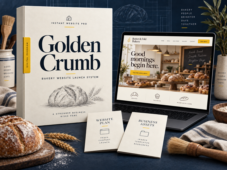 Golden Crumb bakery website launch system: cream folio with a scored round loaf and wheat stems pencil sketch, a laptop showing fictional Butter & Fold Bakery, and Website Plan and Business Assets booklets.