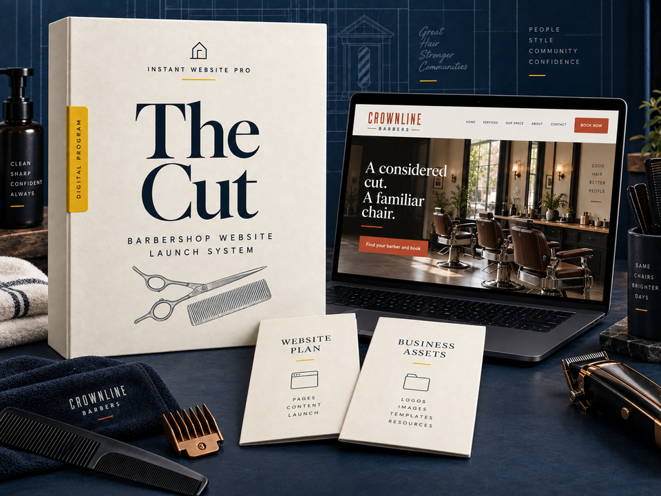 The Cut barbershop website launch system: cream folio with classic barber scissors and a comb pencil sketch, a laptop showing fictional Crownline Barbers, and Website Plan and Business Assets booklets.