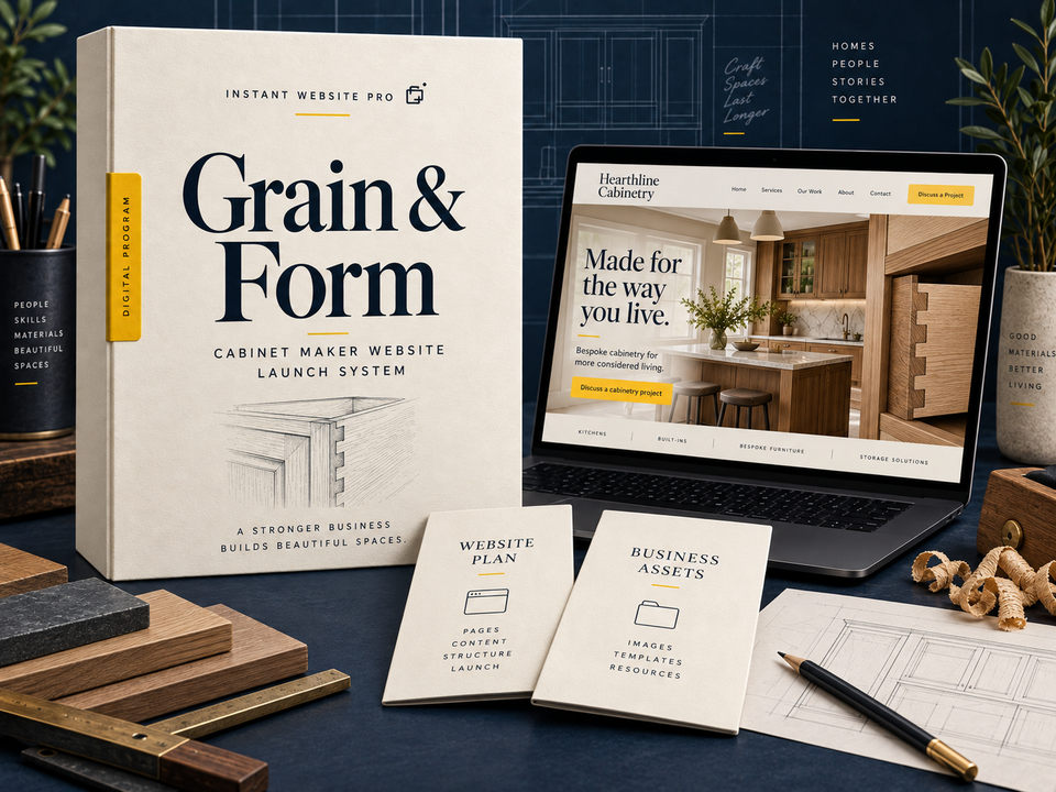 Grain & Form cabinet maker website launch system: cream book with a pencil sketch of a cabinet corner with dovetail joinery, a laptop showing fictional Hearthline Cabinetry, and Website Plan and Business Assets booklets.