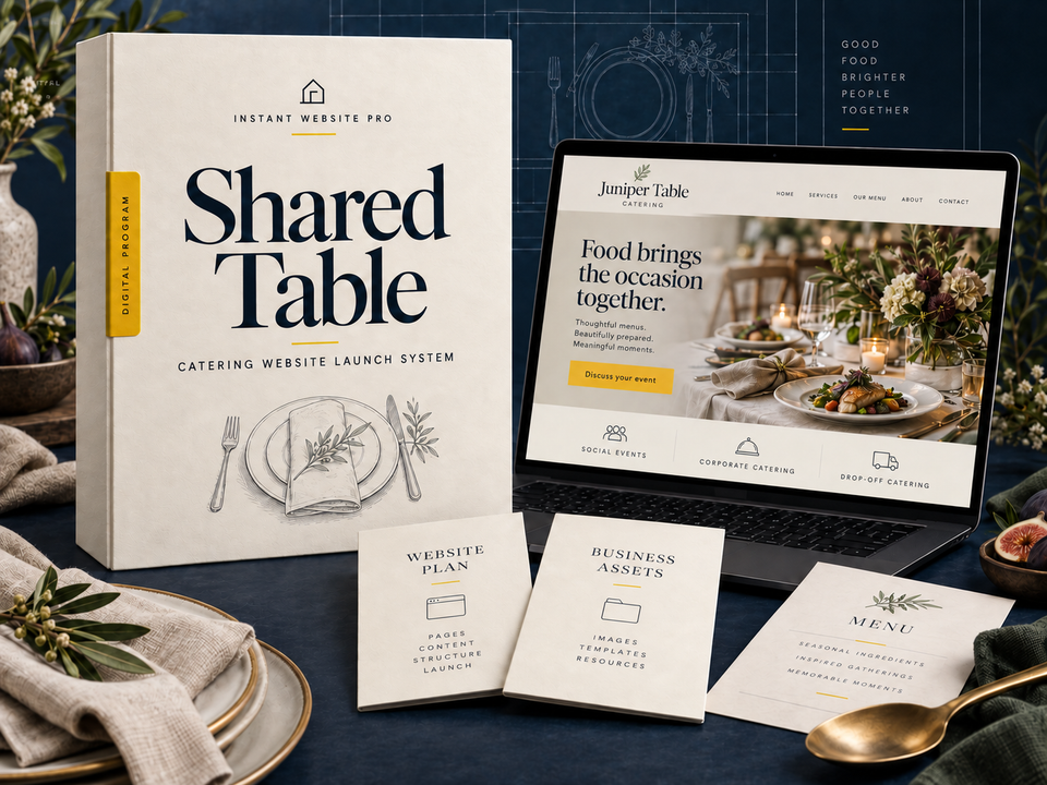 Shared Table catering website launch system: cream folio with a place setting with plate, folded napkin and serving platter pencil sketch, a laptop showing fictional Juniper Table Catering, and Website Plan and Business Assets booklets.