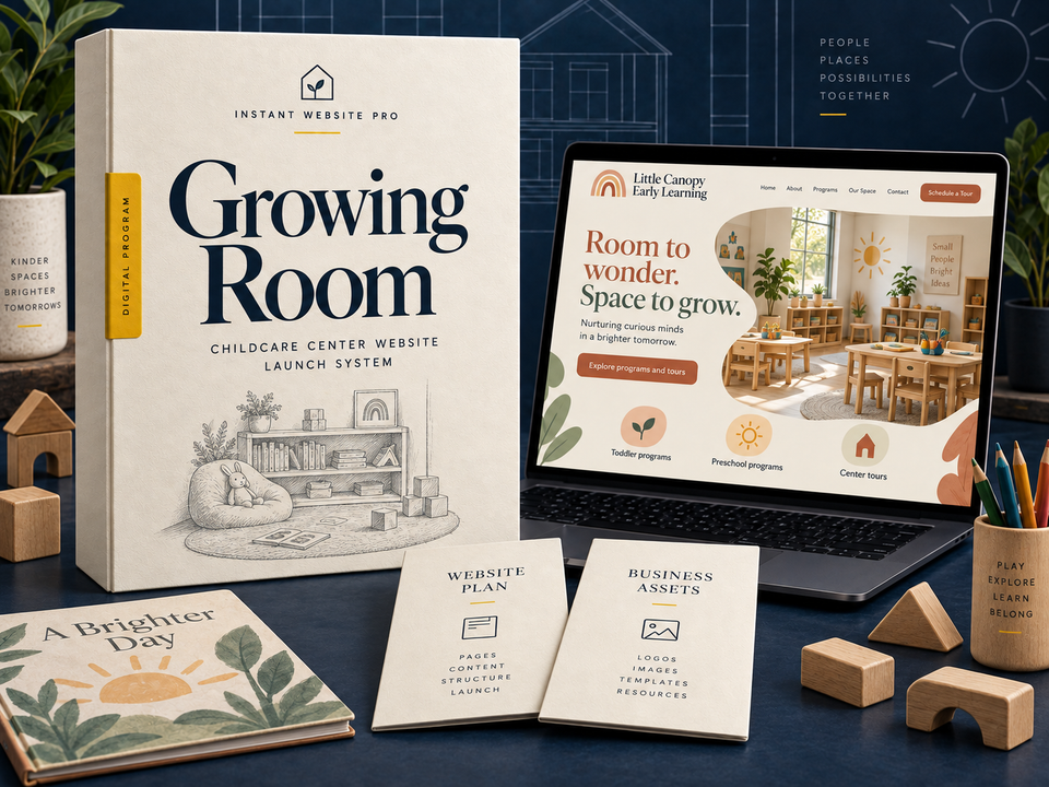 Growing Room childcare center website launch system: cream folio with a little reading nook with low shelf, books and wooden blocks pencil sketch, a laptop showing fictional Little Canopy Early Learning, and Website Plan and Business Assets booklets.