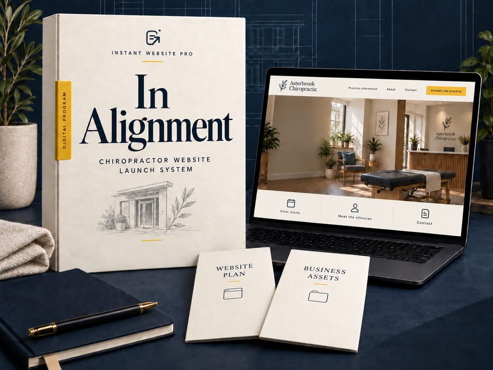 In Alignment chiropractor Website Launch System: an illustrative digital program folio, website preview for fictional Asterbrook Chiropractic, and matching business-asset designs.