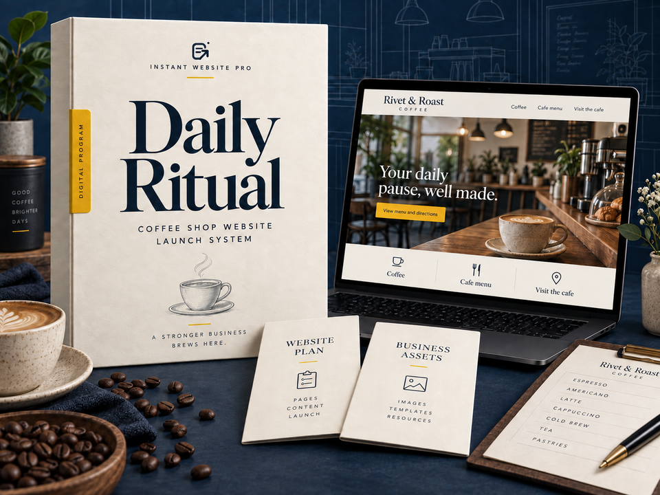 Daily Ritual coffee shop Website Launch System: an illustrative digital program folio, website preview for fictional Rivet & Roast Coffee, and matching business-asset designs.