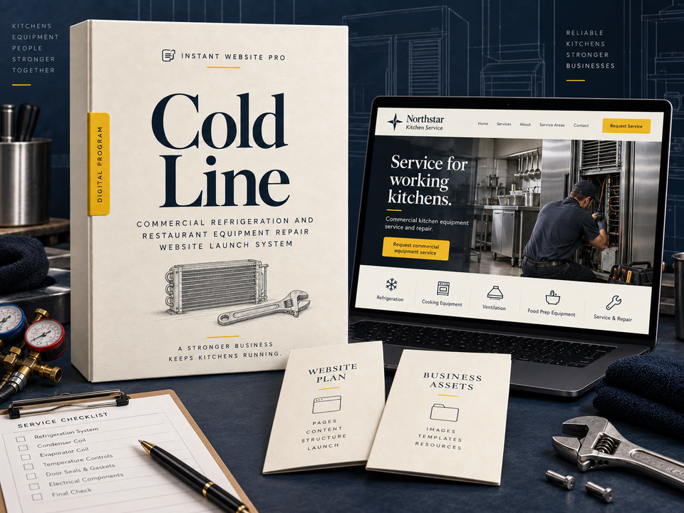 Cold Line commercial refrigeration and restaurant equipment repair website launch system: cream book with a pencil sketch of a refrigeration coil and a service wrench, a laptop showing fictional Northstar Kitchen Service, and Website Plan and Business Assets booklets.