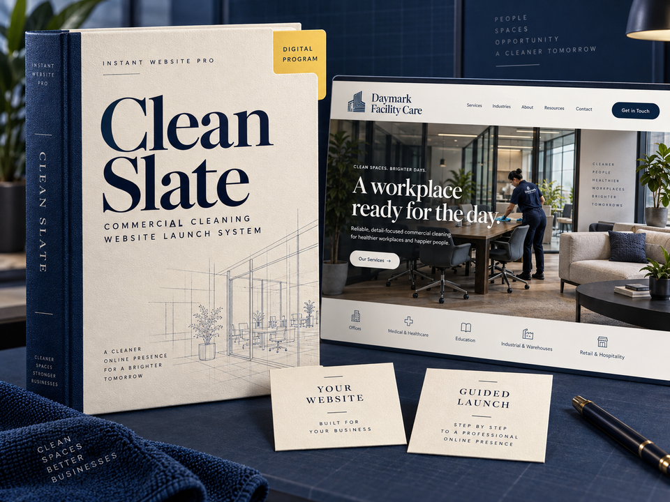 Instant Website Pro Clean Slate digital program cover for Commercial Cleaning