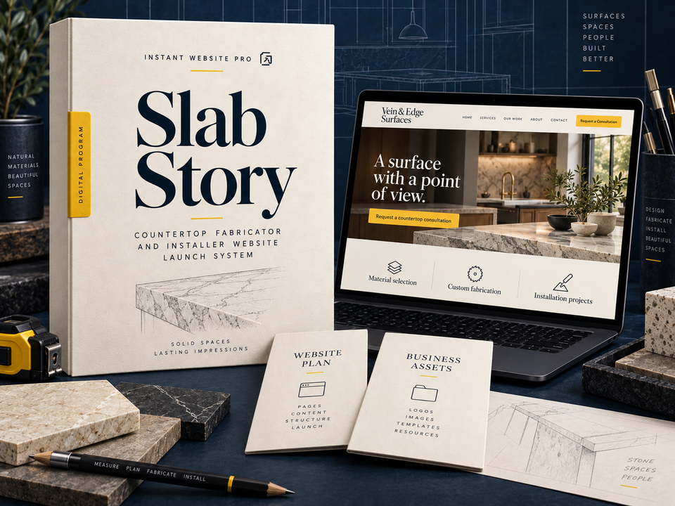 Slab Story countertop fabricator and installer website launch system: cream book with a pencil sketch of a stone slab edge and countertop corner, a laptop showing fictional Vein & Edge Surfaces, and Website Plan and Business Assets booklets.