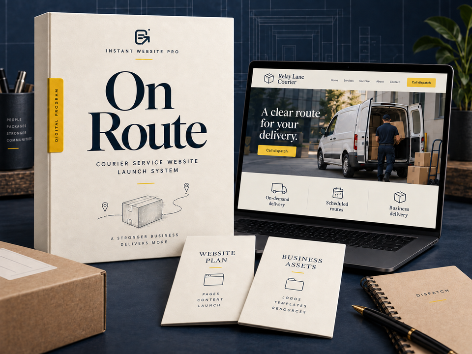 On Route courier service Website Launch System: an illustrative digital program folio, website preview for fictional Relay Lane Courier, and matching business-asset designs.