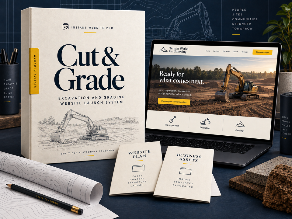 Cut & Grade excavation and grading website launch system, with cream folio, pencil sketch, laptop preview for Terrain Works Earthmoving and Website Plan and Business Assets booklets.