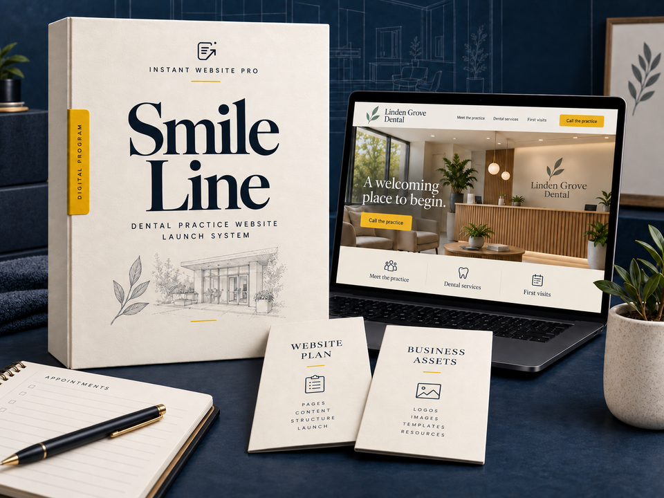 Smile Line dental practice Website Launch System: an illustrative digital program folio, website preview for fictional Linden Grove Dental, and matching business-asset designs.