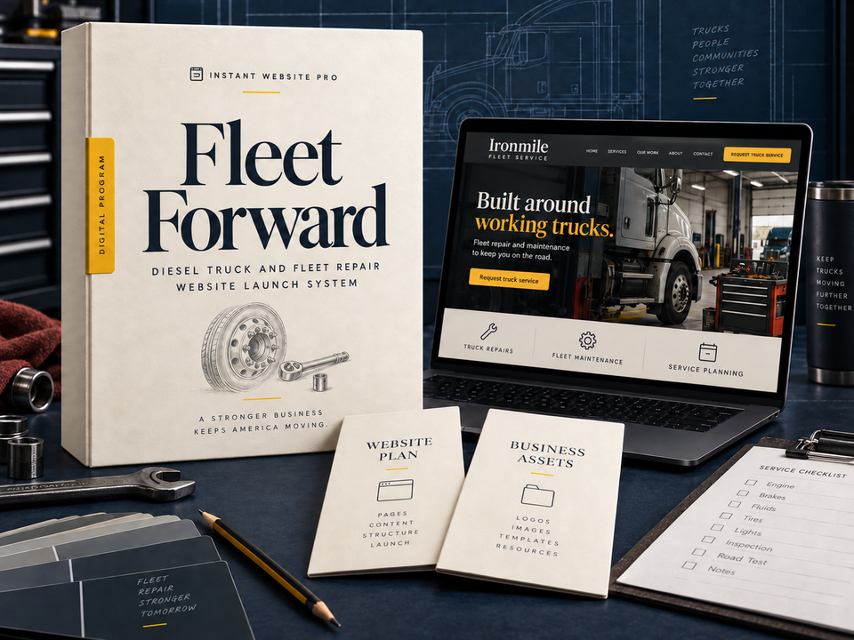 Fleet Forward diesel truck and fleet repair website launch system: cream book with a pencil sketch of a truck wheel beside a socket wrench, a laptop showing fictional Ironmile Fleet Service, and Website Plan and Business Assets booklets.