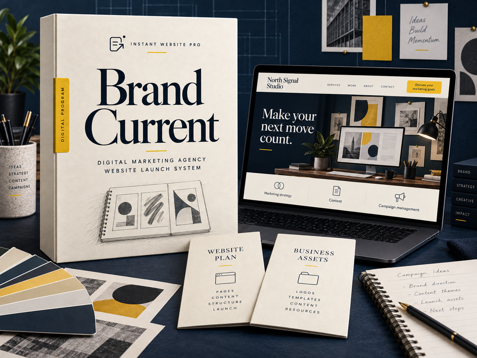 Brand Current digital marketing agency Website Launch System: an illustrative digital program folio, website preview for fictional North Signal Studio, and matching business-asset designs.