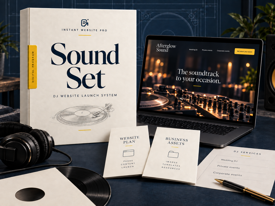 Sound Set dj Website Launch System: an illustrative digital program folio, website preview for fictional Afterglow Sound, and matching business-asset designs.