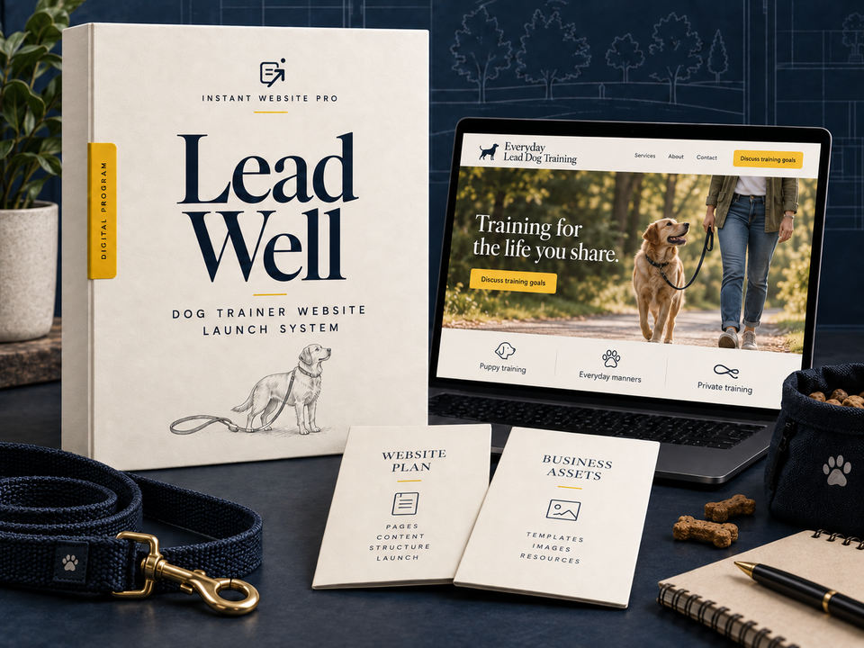 Lead Well dog trainer Website Launch System: an illustrative digital program folio, website preview for fictional Everyday Lead Dog Training, and matching business-asset designs.