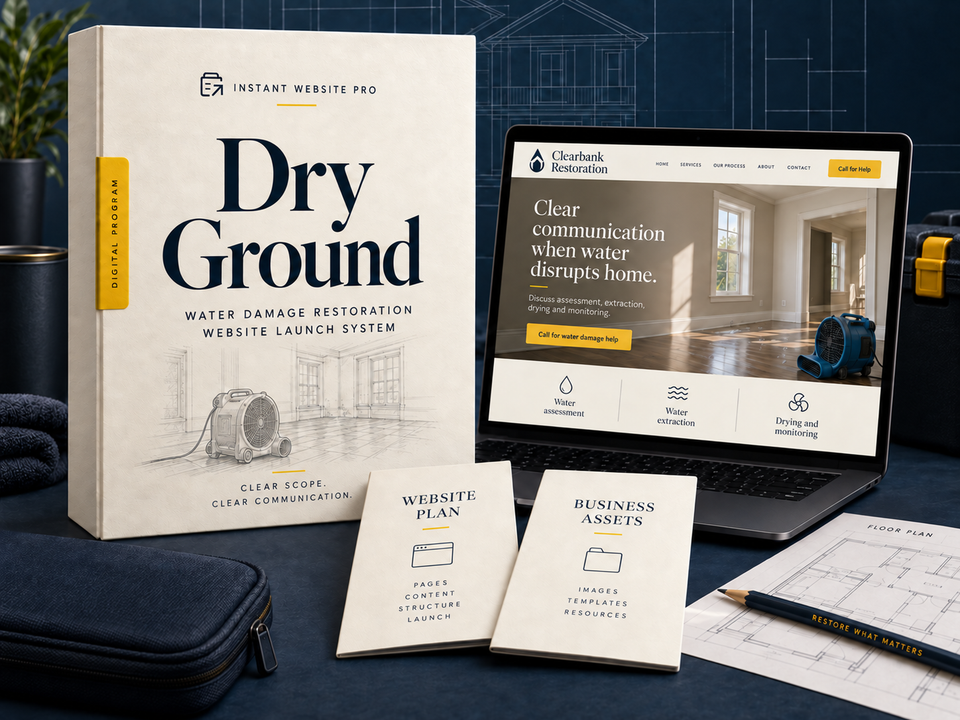 Dry Ground Water Damage Restoration Website Launch System: cream pencil-sketch program folio, open laptop showing fictional Clearbank Restoration, and Website Plan and Business Assets booklets.