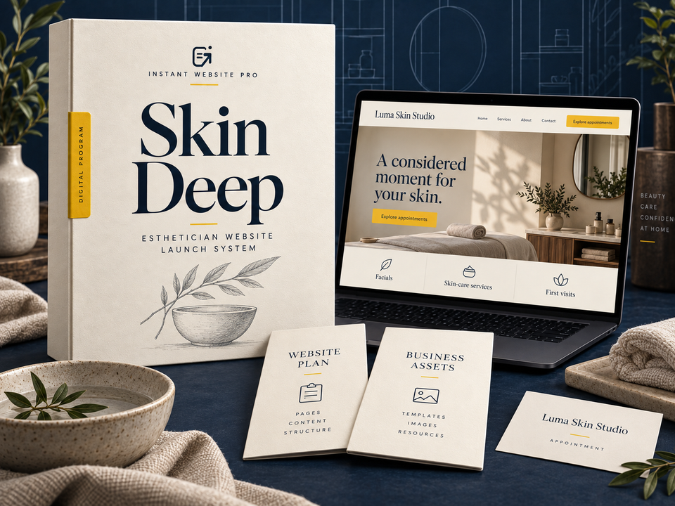 Skin Deep esthetician Website Launch System: an illustrative digital program folio, website preview for fictional Luma Skin Studio, and matching business-asset designs.