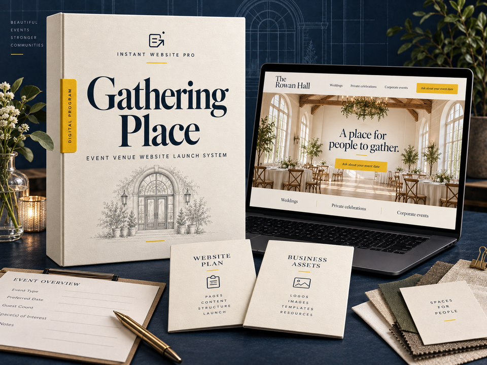 Gathering Place event venue Website Launch System: an illustrative digital program folio, website preview for fictional The Rowan Hall, and matching business-asset designs.