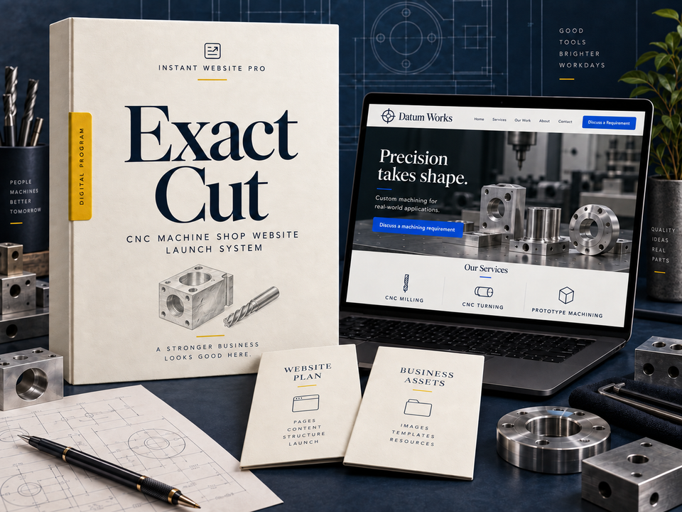 Exact Cut cnc machine shop website launch system: cream book with a pencil sketch of a generic machined metal component and end mill, a laptop showing fictional Datum Works, and Website Plan and Business Assets booklets.