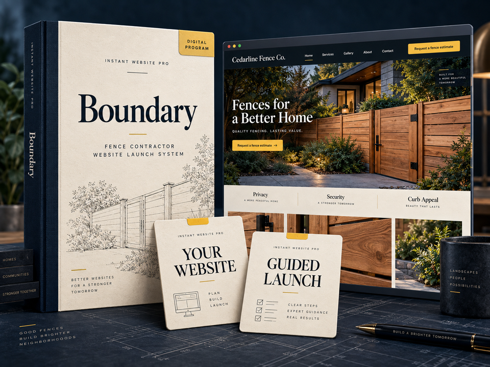 Boundary digital website program for fence contractor, shown as a cream folio with a fictional Cedarline Fence Co. website preview.
