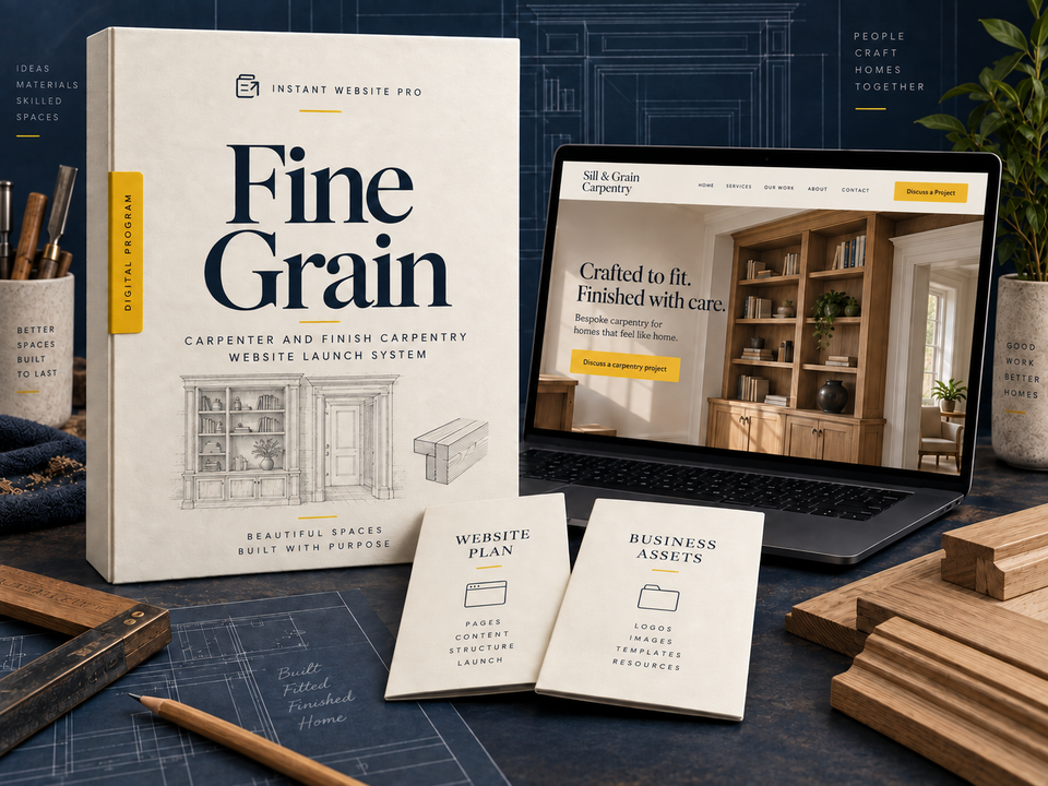 Fine Grain website launch system: cream folio with pencil sketch, open laptop showing Sill & Grain Carpentry, and Website Plan and Business Assets booklets.
