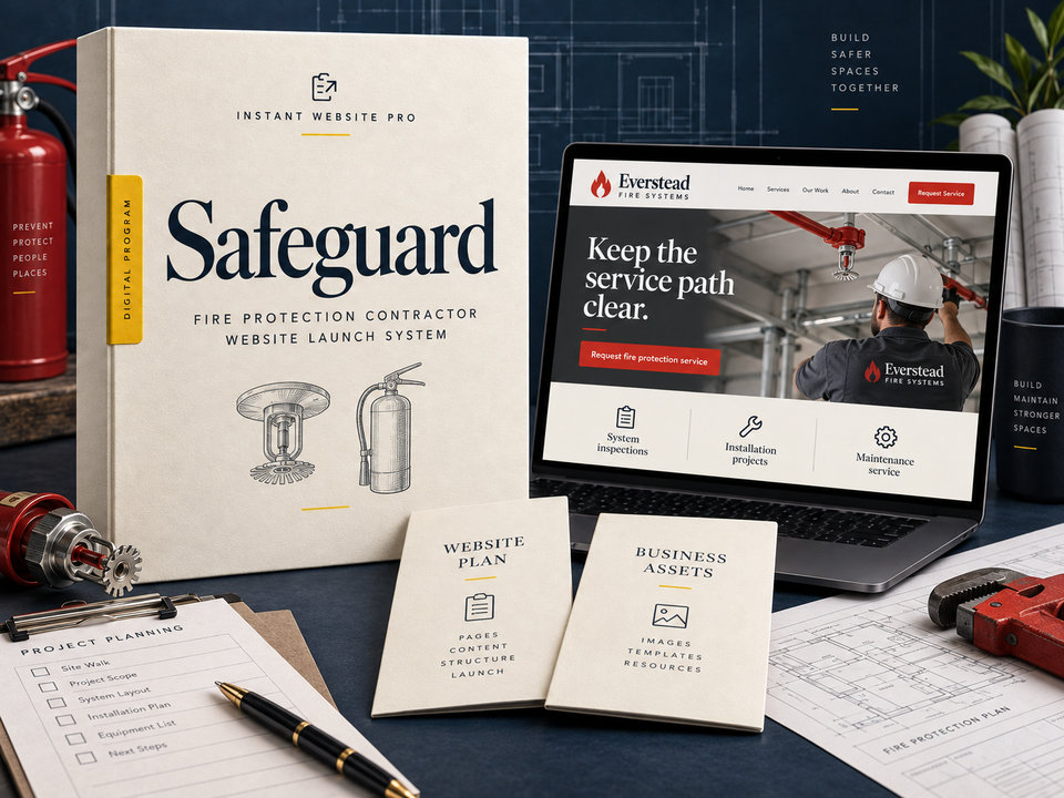Safeguard fire protection contractor website launch system: cream book with a pencil sketch of a fire sprinkler head and generic extinguisher, a laptop showing fictional Everstead Fire Systems, and Website Plan and Business Assets booklets.