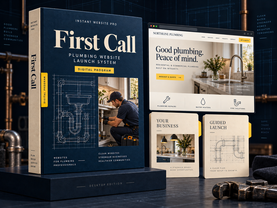 First Call digital plumbing website program by Instant Website Pro, illustrated as a navy folio with a Northline Plumbing website preview.