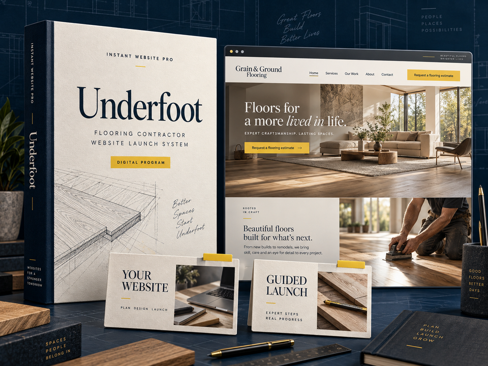 Underfoot digital website program for flooring contractor, shown as a cream folio with a fictional Grain & Ground Flooring website preview.