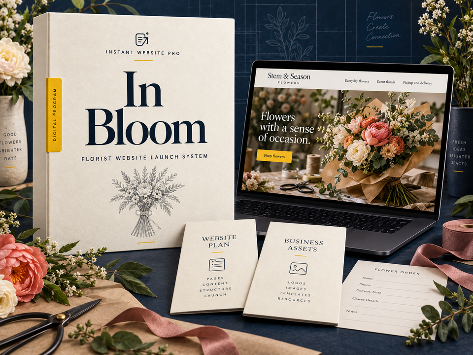 In Bloom florist Website Launch System: an illustrative digital program folio, website preview for fictional Stem & Season Flowers, and matching business-asset designs.