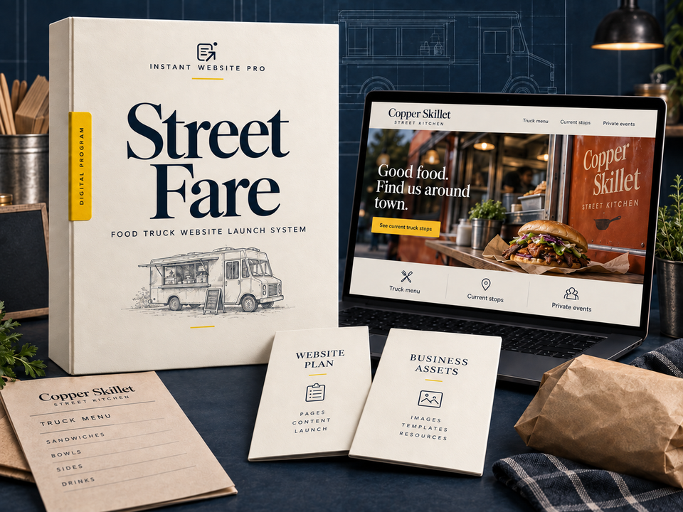 Street Fare food truck Website Launch System: an illustrative digital program folio, website preview for fictional Copper Skillet Street Kitchen, and matching business-asset designs.