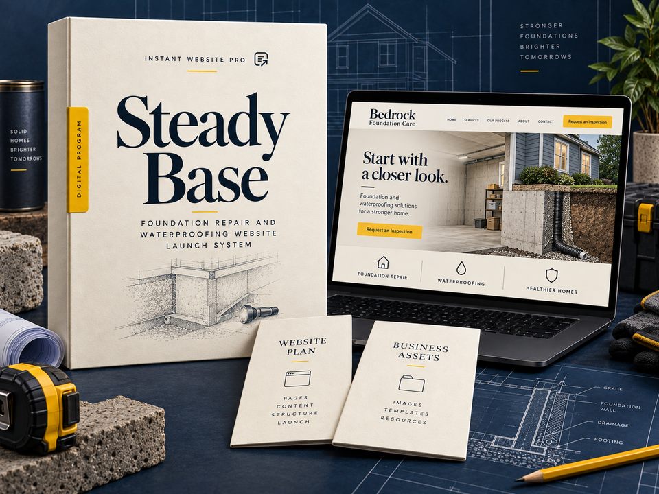 Steady Base foundation repair and waterproofing website launch system: cream book with a pencil sketch of a simple foundation cross-section and inspection light, a laptop showing fictional Bedrock Foundation Care, and Website Plan and Business Assets booklets.