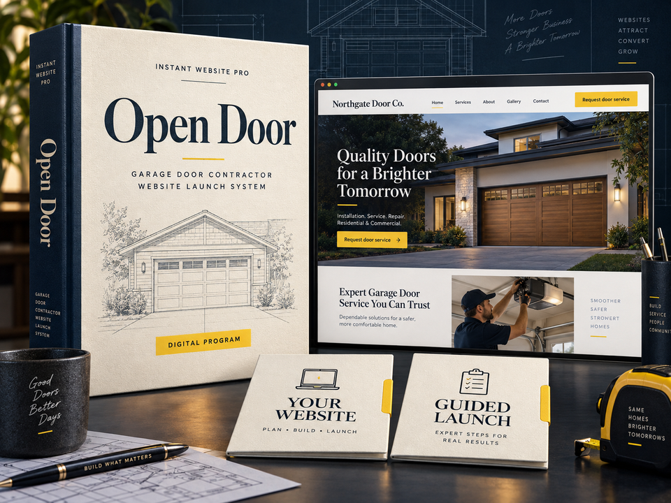 Open Door digital website program for garage door contractor, shown as a cream folio with a fictional Northgate Door Co. website preview.