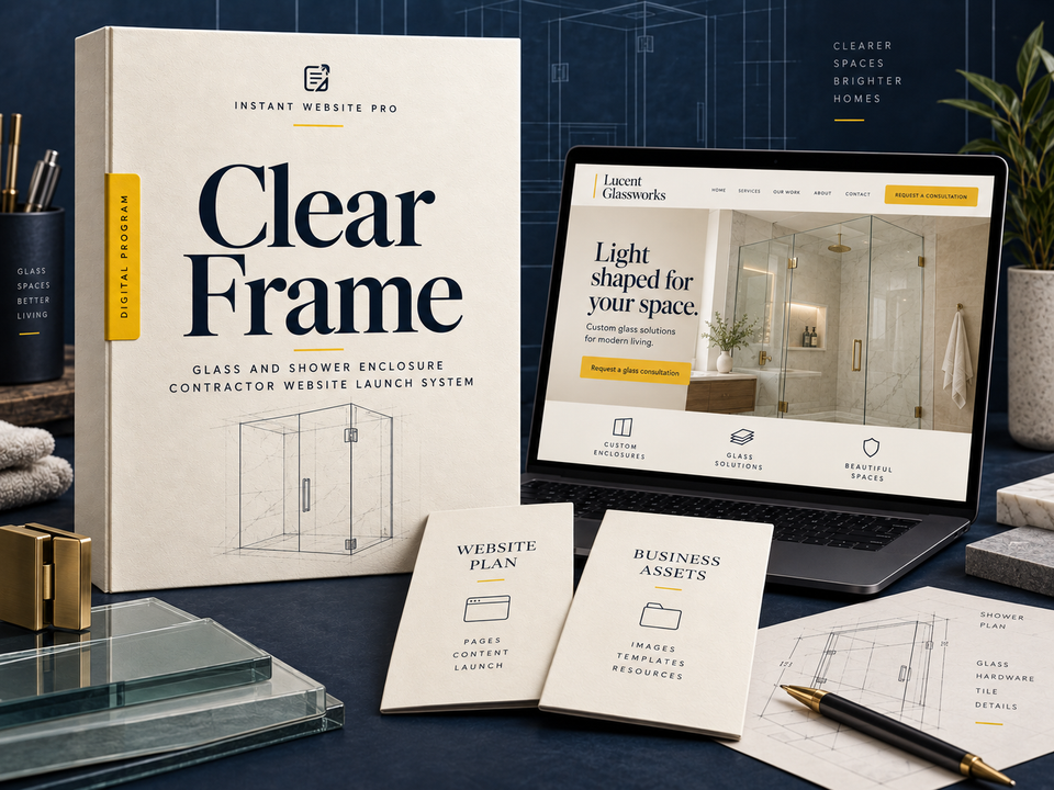 Clear Frame glass and shower enclosure contractor website launch system: cream book with a pencil sketch of a frameless shower enclosure with a hinge detail, a laptop showing fictional Lucent Glassworks, and Website Plan and Business Assets booklets.