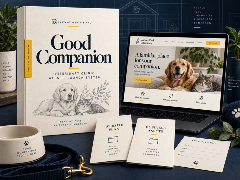 Good Companion Veterinary Clinic Website Launch System: cream pencil-sketch program folio, open laptop showing fictional Willow Park Veterinary, and Website Plan and Business Assets booklets.