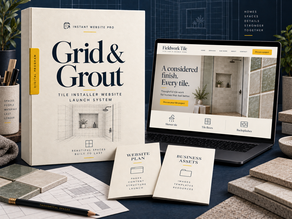 Grid & Grout tile installer website launch system, with cream folio, pencil sketch, laptop preview for Fieldwork Tile and Website Plan and Business Assets booklets.