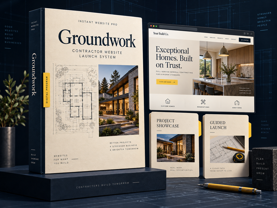 Groundwork contractor website launch system by Instant Website Pro. Digital program cover.