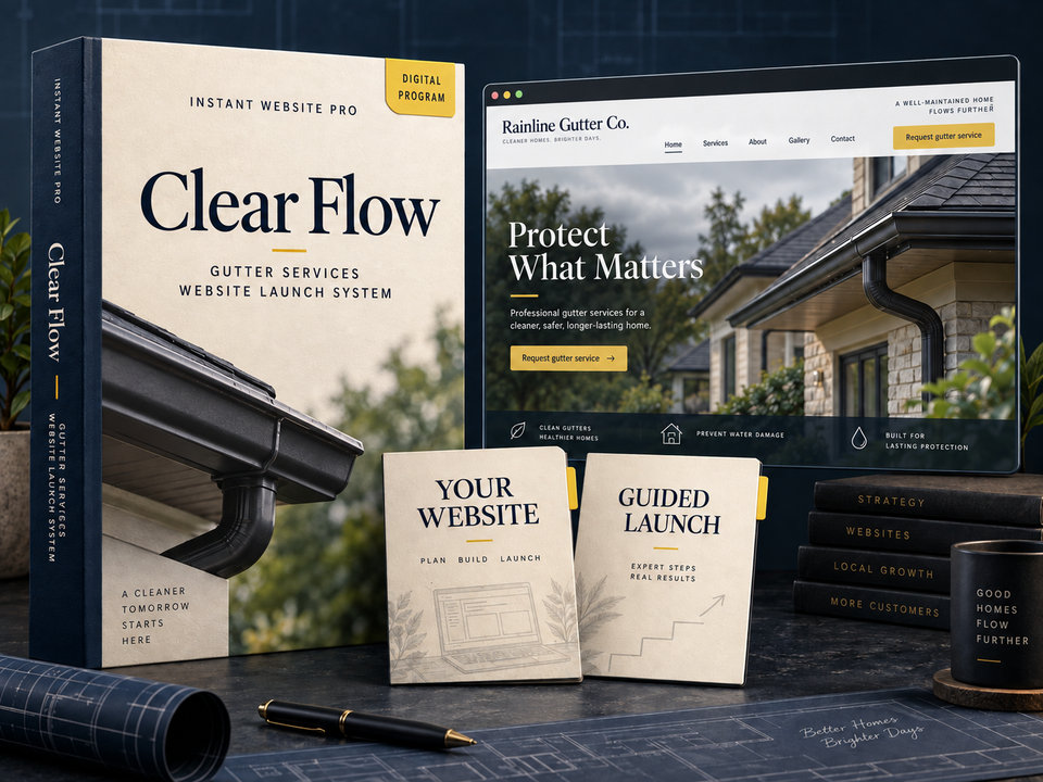 Clear Flow digital website program for gutter services, shown as a cream folio with a fictional Rainline Gutter Co. website preview.