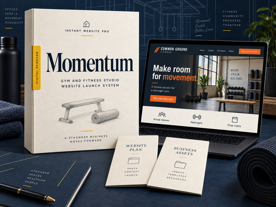 Momentum gym and fitness studio website launch system: cream folio with a workout bench and a rolled exercise mat pencil sketch, laptop showing fictional Common Ground Fitness, and Website Plan and Business Assets booklets.