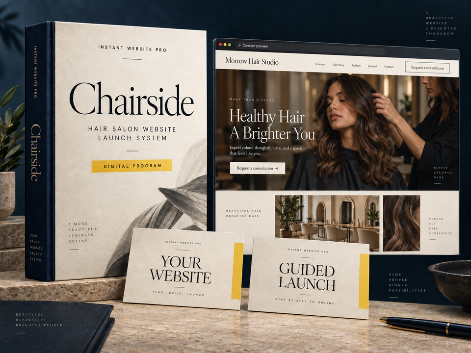 Chairside digital website program for hair salon, shown as a cream folio with a fictional Morrow Hair Studio website preview.