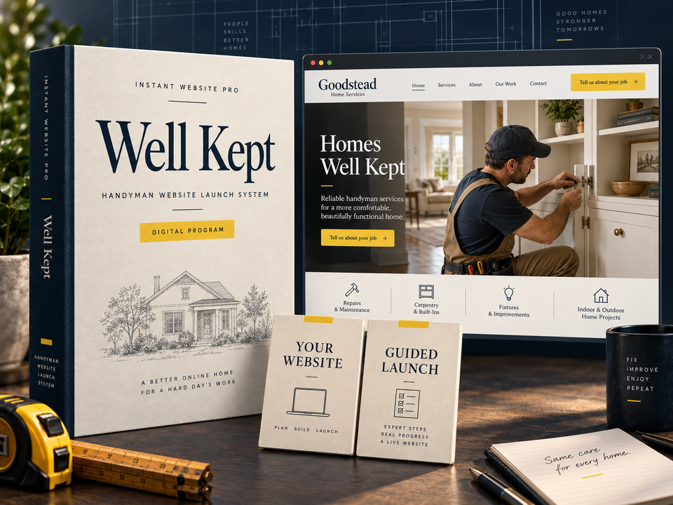 Well Kept digital website program for handyman, shown as a cream folio with a fictional Goodstead Home Services website preview.