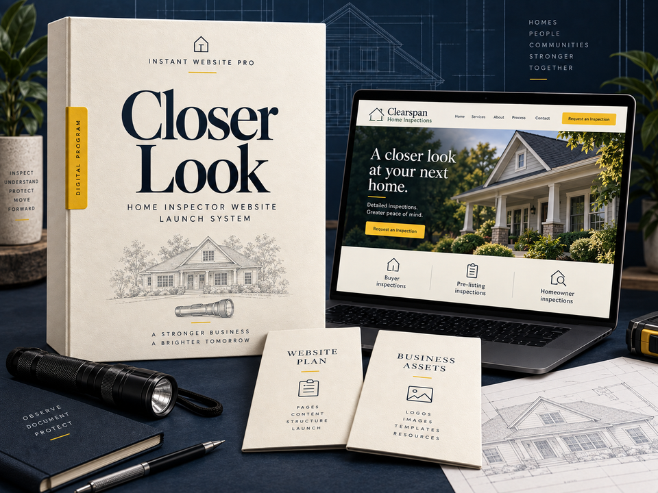 Closer Look home inspector website launch system: cream folio with a residential house elevation and a small flashlight pencil sketch, laptop showing fictional Clearspan Home Inspections, and Website Plan and Business Assets booklets.