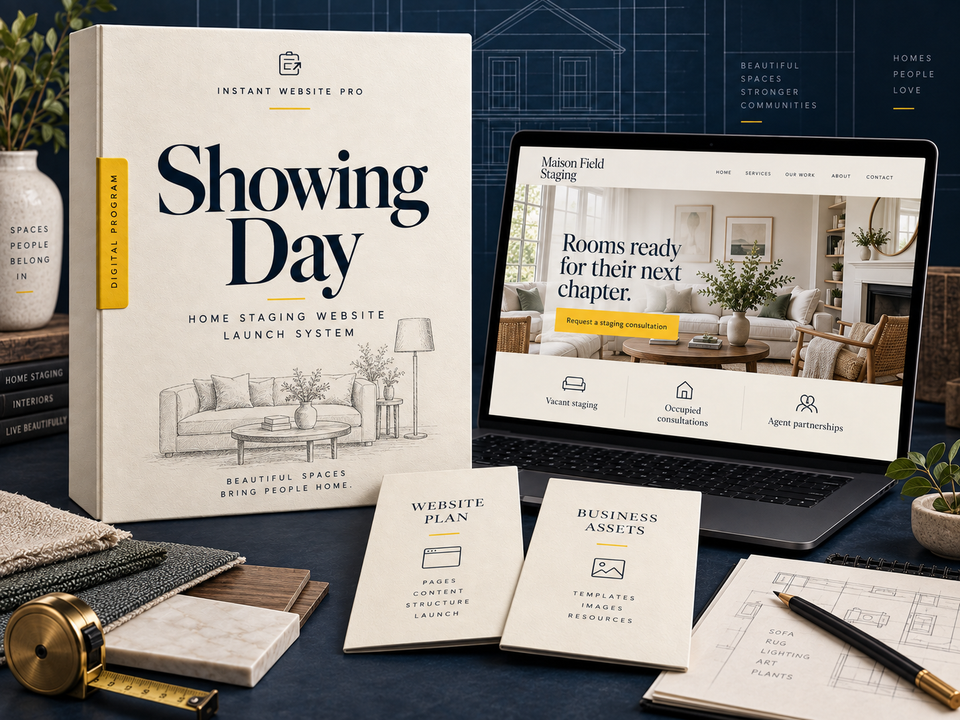 Showing Day home staging website launch system: cream book with a pencil sketch of a furnished room corner with a sofa and lamp, a laptop showing fictional Maison Field Staging, and Website Plan and Business Assets booklets.