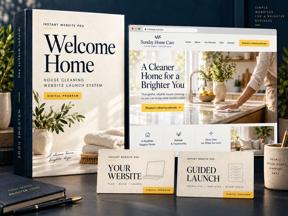 Welcome Home digital website program for house cleaning, shown as a cream folio with a fictional Sunday Home Care website preview.