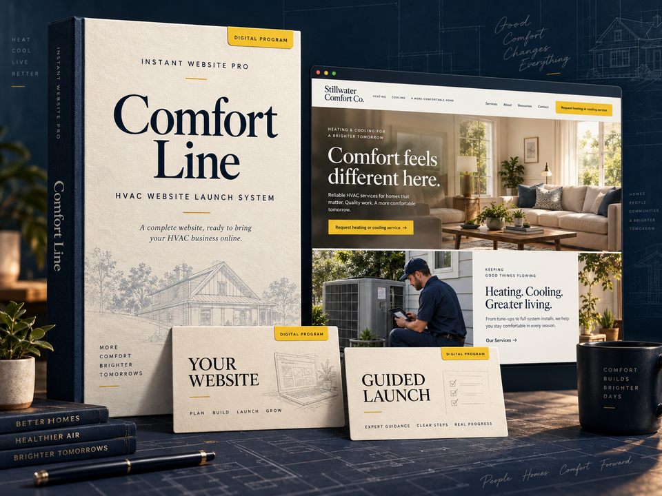 Comfort Line digital website program for hvac, shown as a cream folio with a fictional Stillwater Comfort Co. website preview.