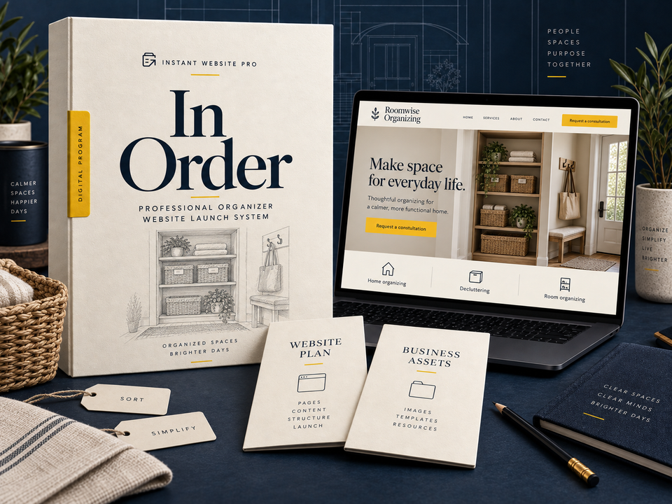 In Order Professional Organizer Website Launch System: cream pencil-sketch program folio, open laptop showing fictional Roomwise Organizing, and Website Plan and Business Assets booklets.